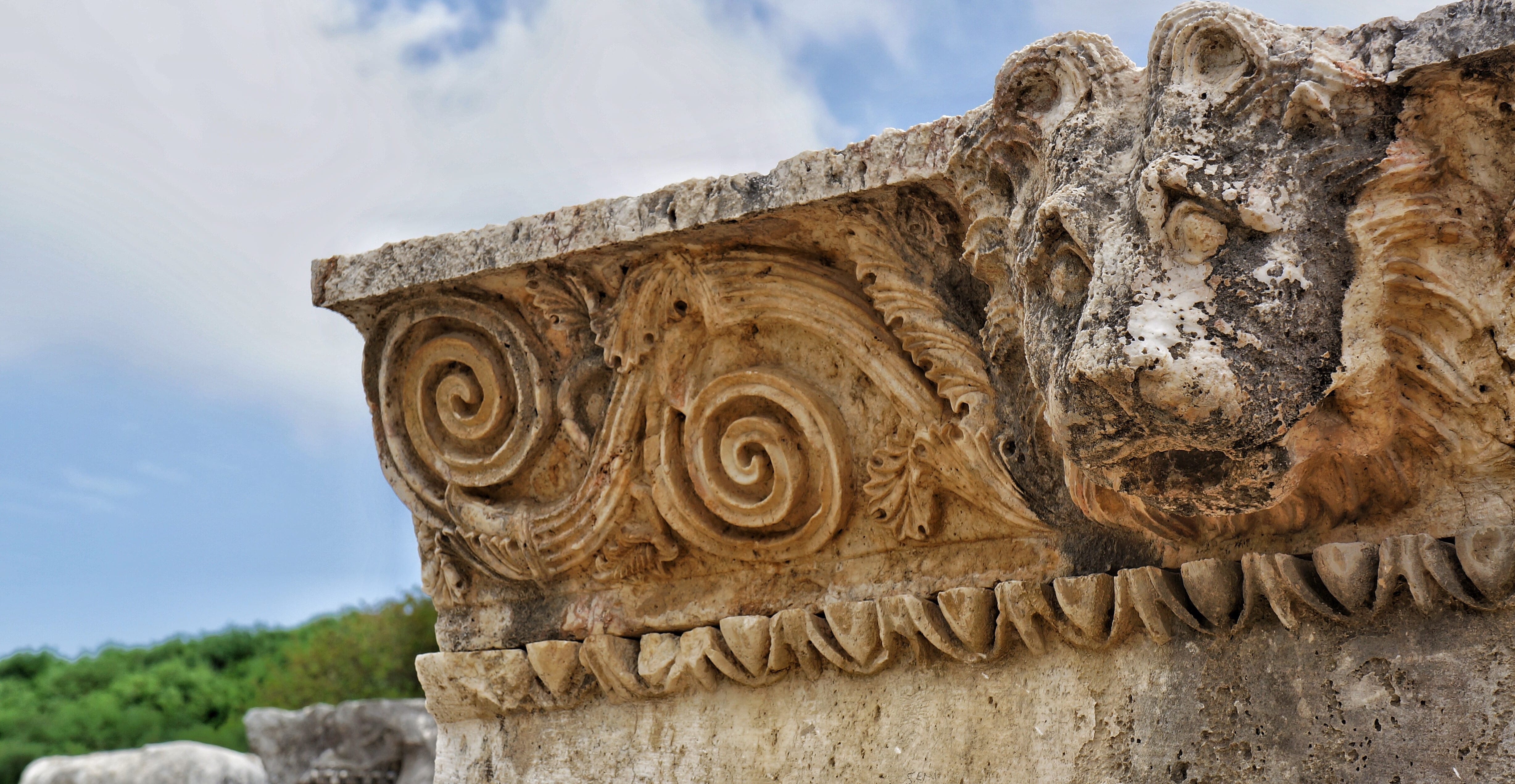 kamenný reliéf s podobiznou lví hlavy s rostlinnými ornamenty na kamenné římse Lýkijského chrámu Xanthos